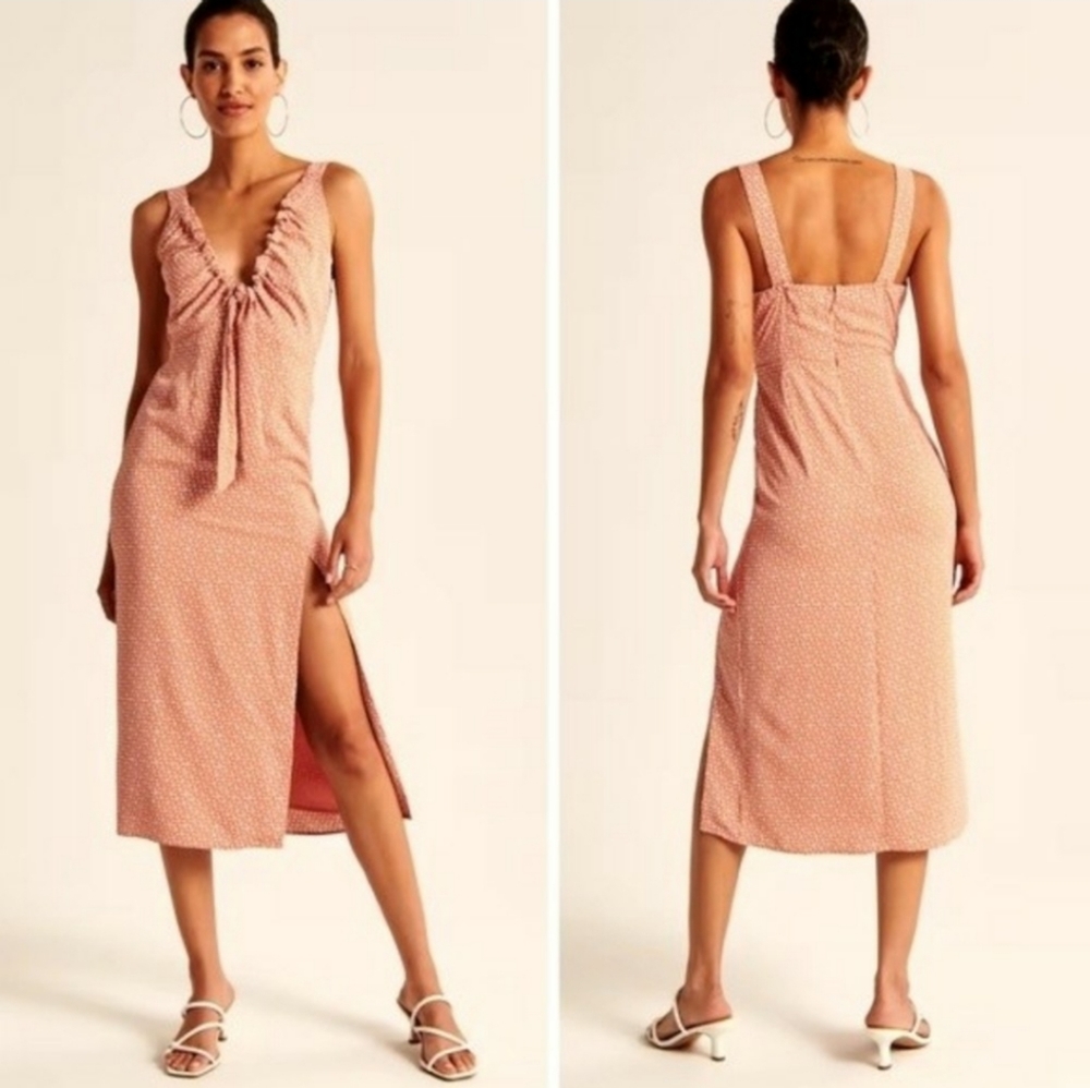Abercrombie & Fitch Cinched Neck Slip Midi Dress Light Brown Pattern